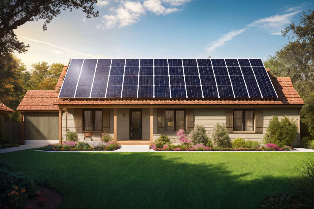 Ein Haus mit einem schön gemähten Rasen und einer Photovoltaikanlage auf dem Dach